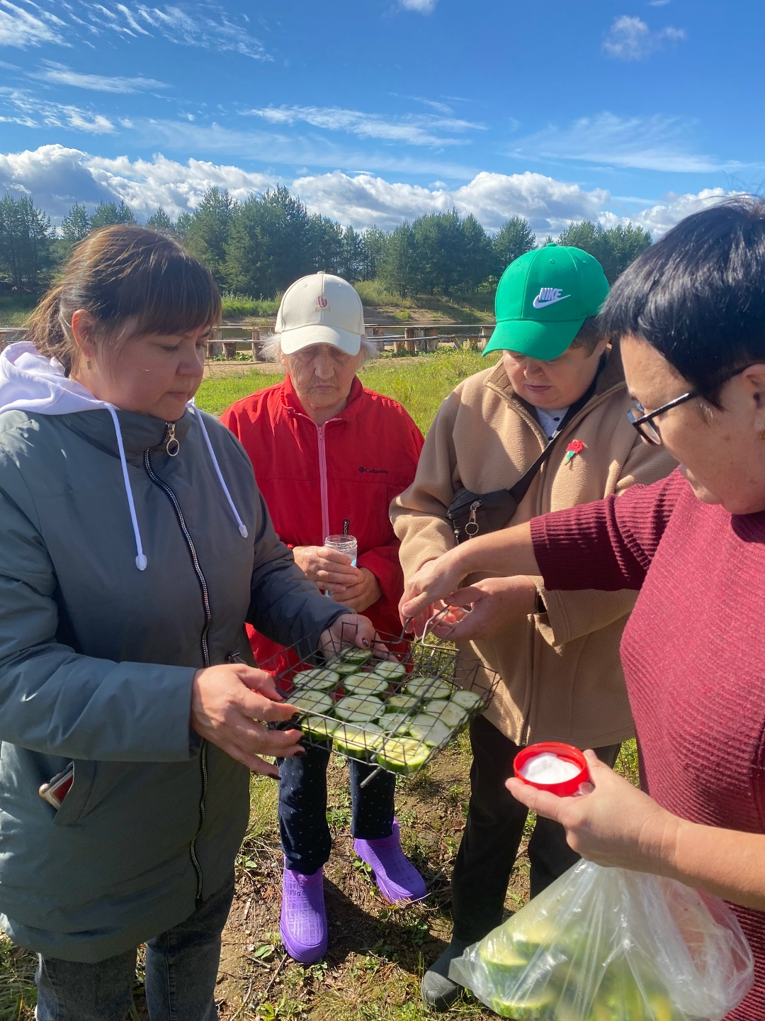 Как хорош наш пикничок, на углях мы жарим сардельки и кабачок!